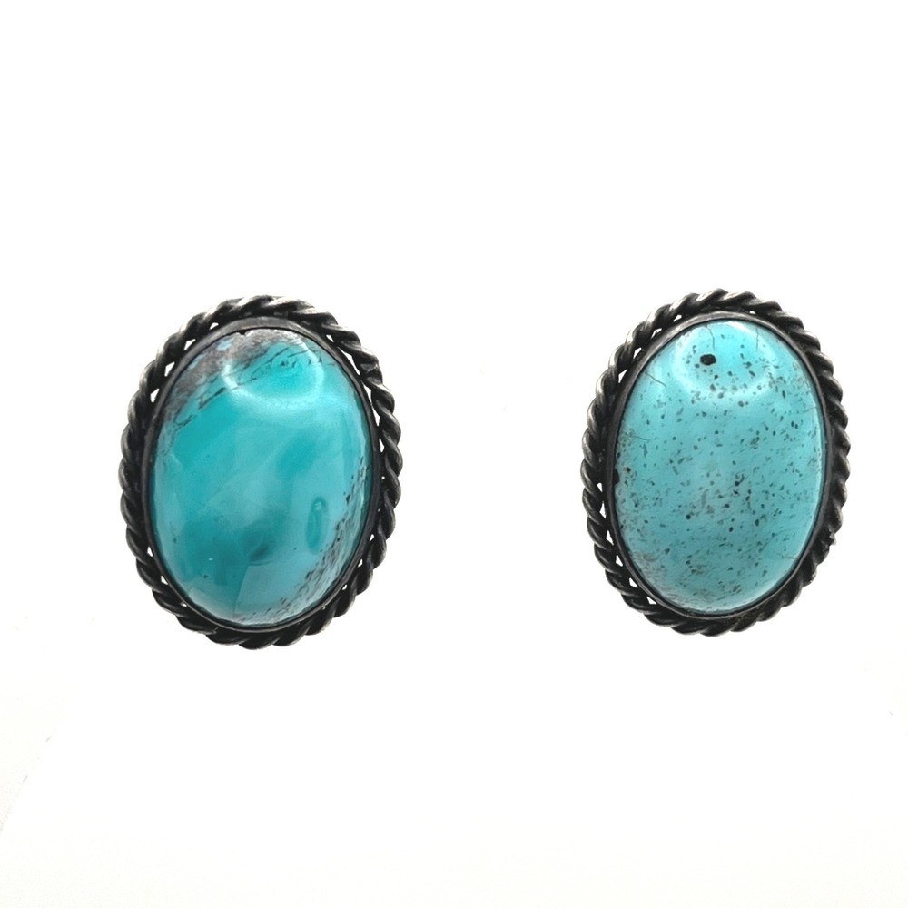 Vintage Sterling Silver Turquoise Oval Screw Back Earrings Southwest Rope Border